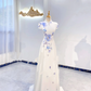 Elegant White Waist-Cinched Fitted Long Evening Dress with Blue Print, Fairy Gown, Romantic Gown gh7422