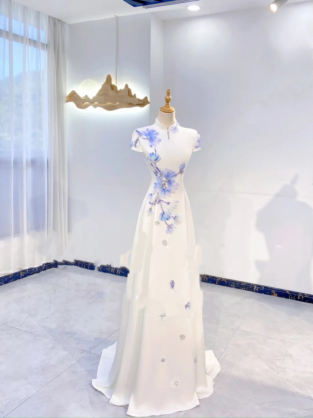 Elegant White Waist-Cinched Fitted Long Evening Dress with Blue Print, Fairy Gown, Romantic Gown gh7422