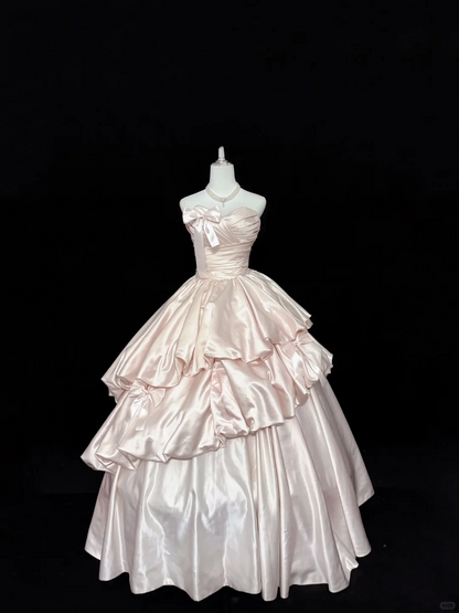 Blush Pink Satin Strapless Cinched Waist Multi-Layer Voluminous Skirt Romantic Dress, Wedding Gown gh7905