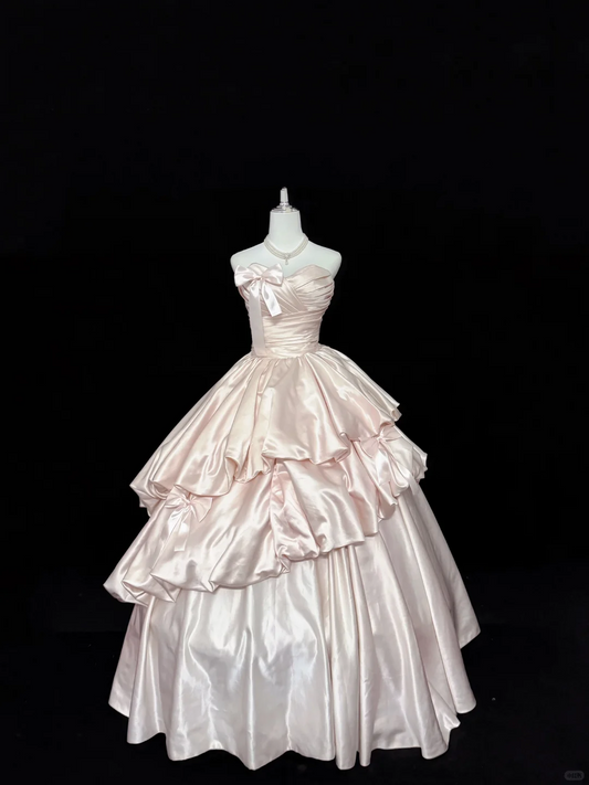 Blush Pink Satin Strapless Cinched Waist Multi-Layer Voluminous Skirt Romantic Dress, Wedding Gown gh7905