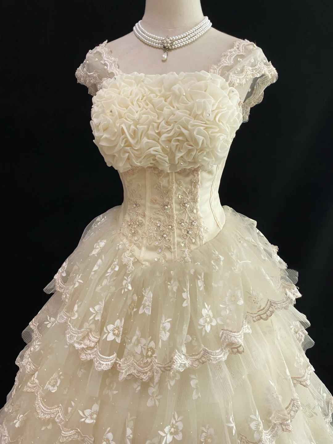 Light Apricot Lace Long Vintage Romantic Gown, Fitted Waist, Fluffy Tiered Skirt, Wedding Dress & Bridal Gown gh8175