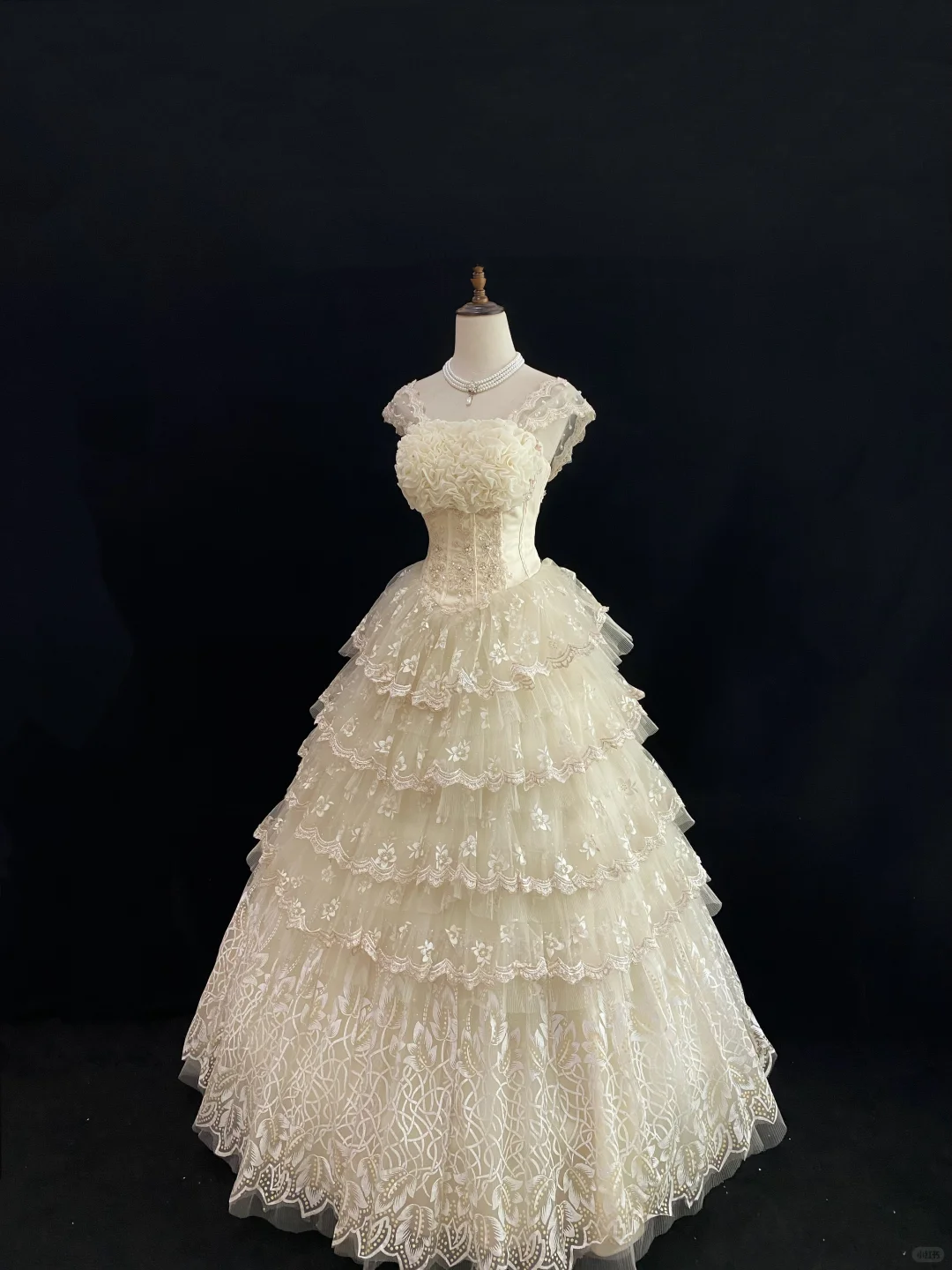 Light Apricot Lace Long Vintage Romantic Gown, Fitted Waist, Fluffy Tiered Skirt, Wedding Dress & Bridal Gown gh8175