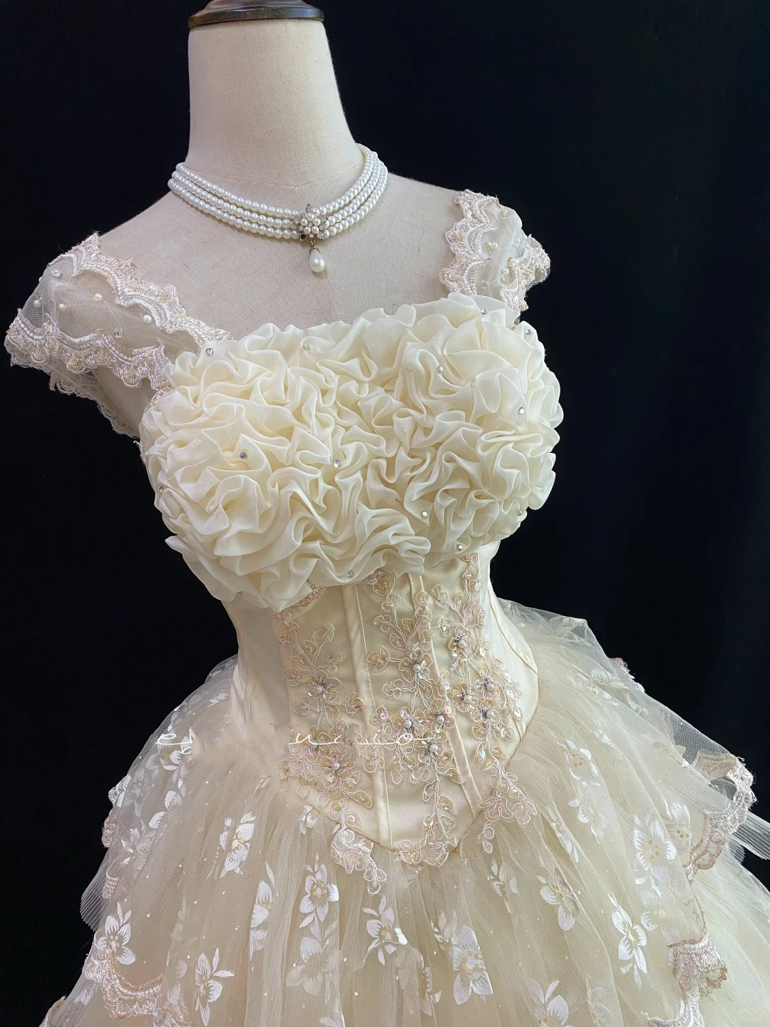 Light Apricot Lace Long Vintage Romantic Gown, Fitted Waist, Fluffy Tiered Skirt, Wedding Dress & Bridal Gown gh8175