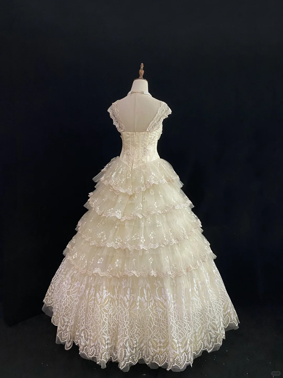 Light Apricot Lace Long Vintage Romantic Gown, Fitted Waist, Fluffy Tiered Skirt, Wedding Dress & Bridal Gown gh8175