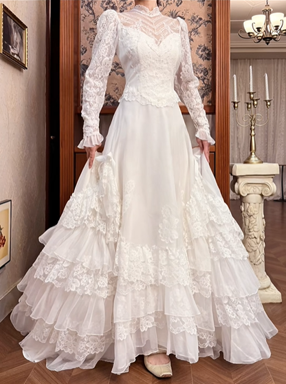 Ivory Vintage Lace Tulle Wedding Gown, High Neck Sheer Lace Over Sweetheart Neck, Long Lace Sleeves With Flared Cuffs, Multi‑Tiered Ruffle Lace Cake Skirt, Prom Dress gh8636