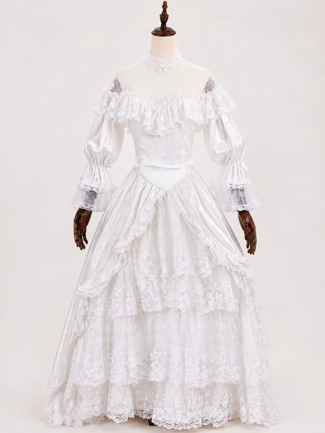 White Vintage Rococo Ball Gown, Off‑Shoulder Ruffle Neck Puff Long Sleeve Detachable Lace High Collar Multi‑Layer Lace Cake Skirt Satin Formal Dress gh9084