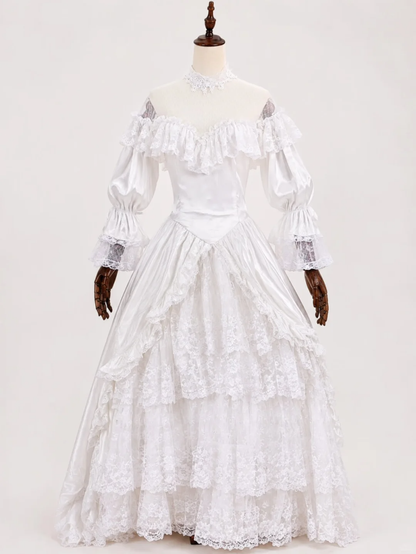 White Vintage Rococo Ball Gown, Off‑Shoulder Ruffle Neck Puff Long Sleeve Detachable Lace High Collar Multi‑Layer Lace Cake Skirt Satin Formal Dress gh9084