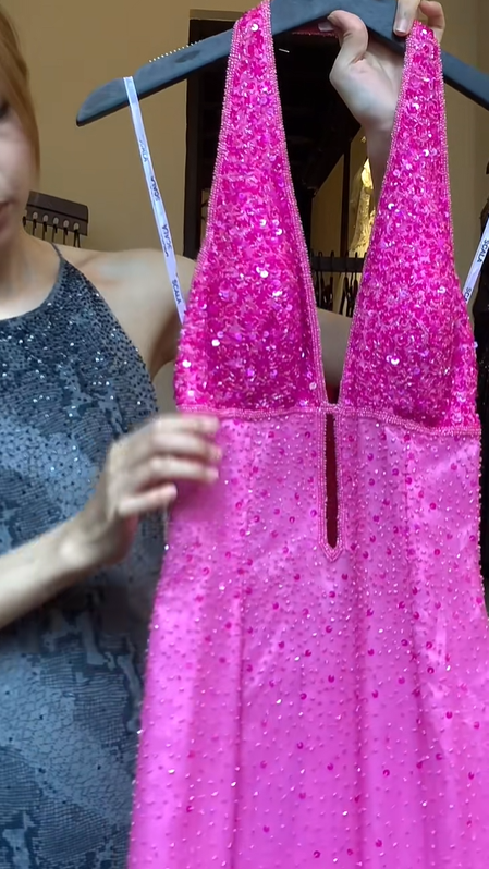 Hot Pink Halter Prom Dress Deep V Neck All Over Beaded Sequin Long Formal Evening Gown gh9840