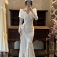 White Vintage Lace Mermaid Wedding Gown, Wide Lapel V‑Neck Long Sleeve 3D Floral Applique Slit Bridal Dress gh9067