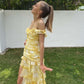 Girlhomeshops - Robe de soirée longue en mousseline de soie, élégante et sexy, motif floral, jaune, à volants, pour invité de mariage, gh5205