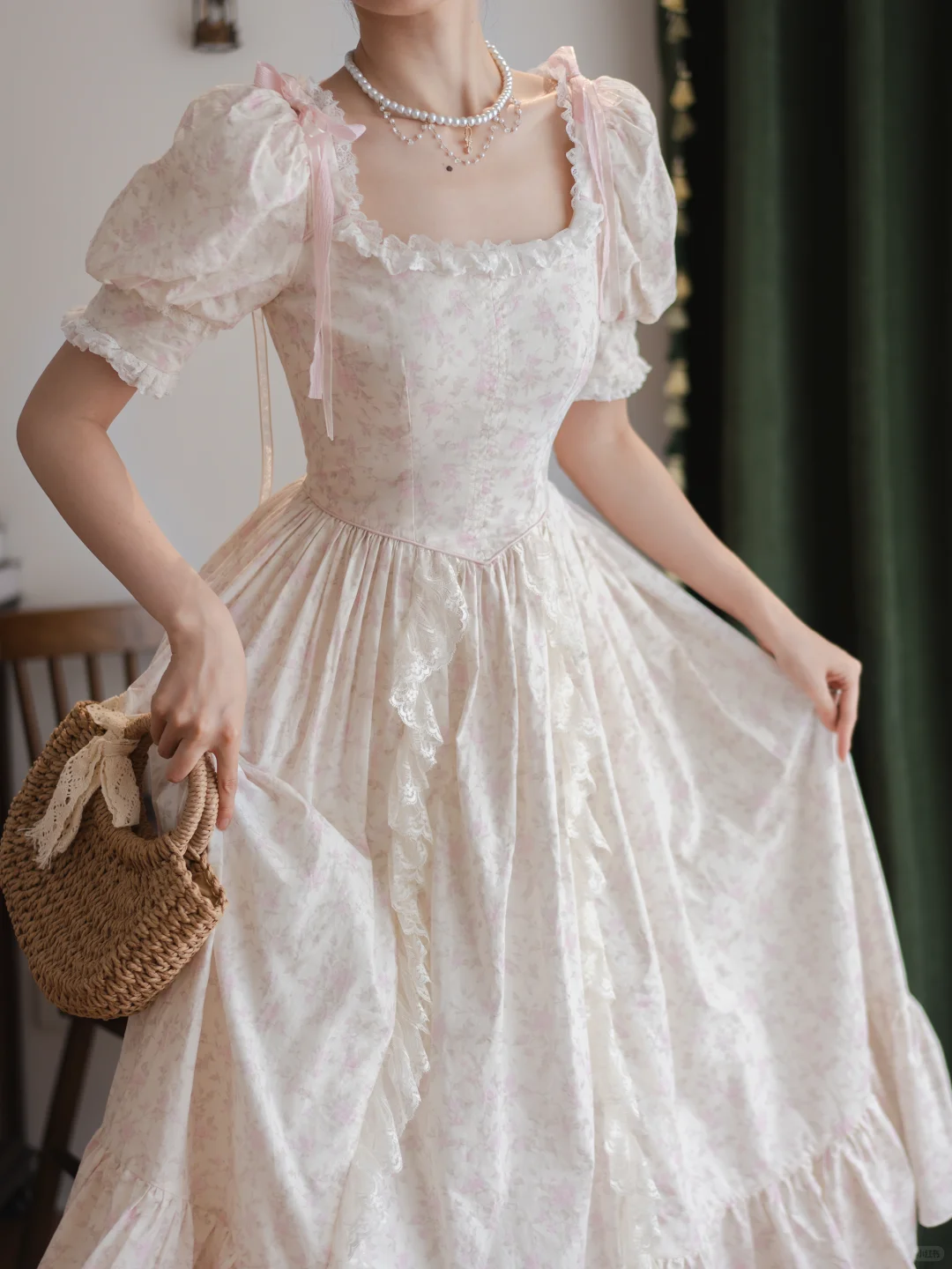 Elegant Vintage White Base Light Pink Floral Print Puff Sleeve Fitted Waist Prom & Evening Party Dress gh8494
