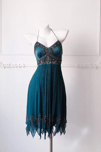 Women Teal Green Halter Short Prom Dress Vintage Bronze Beading Irregular Handkerchief Hem Cocktail Gown gh9562