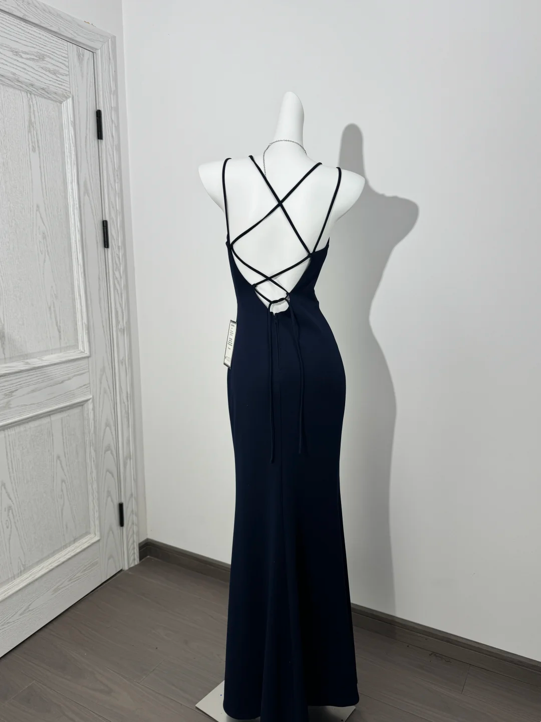 Navy Blue Spaghetti Strap V-Neck Fitted Waist Slim Slit Sexy Prom & Evening Dress gh7232