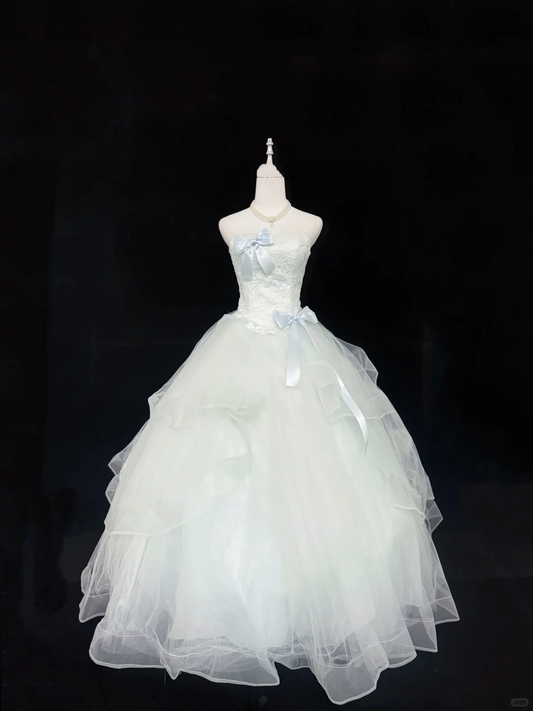 Light Blue Strapless Bow Teen Cinched Waist Voluminous Skirt Romantic Dress, Wedding Gown gh7906