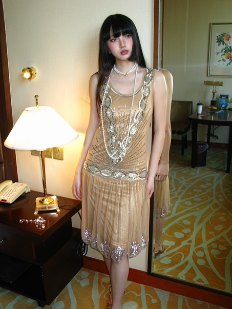 Champagne Gold Sequin Fitted Waist Vintage Luxury Elegant Prom Gown, Evening Party Dress gh8357