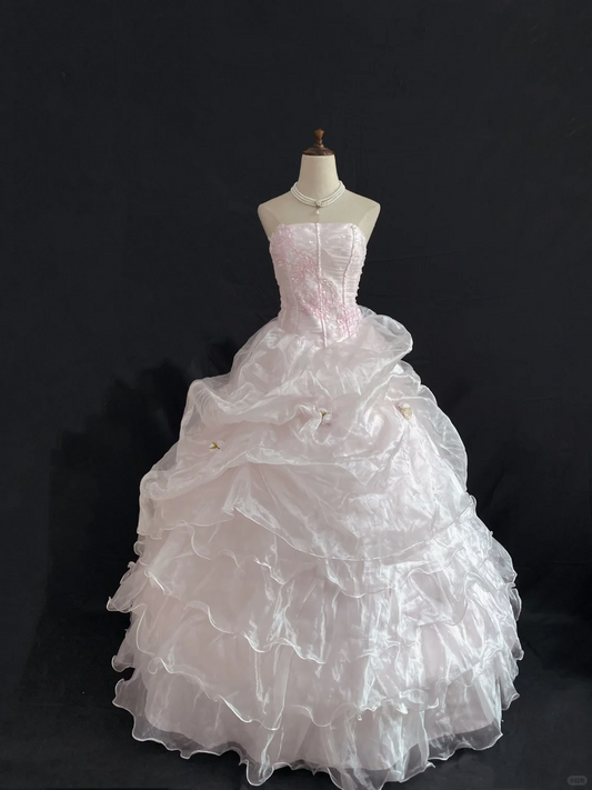 Blush Pink Strapless Romantic Gown with Cinched Waist and Voluminous Skirt, Wedding Dress & Bridal Gown gh8216