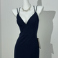 Navy Blue Spaghetti Strap V-Neck Fitted Waist Slim Slit Sexy Prom & Evening Dress gh7232