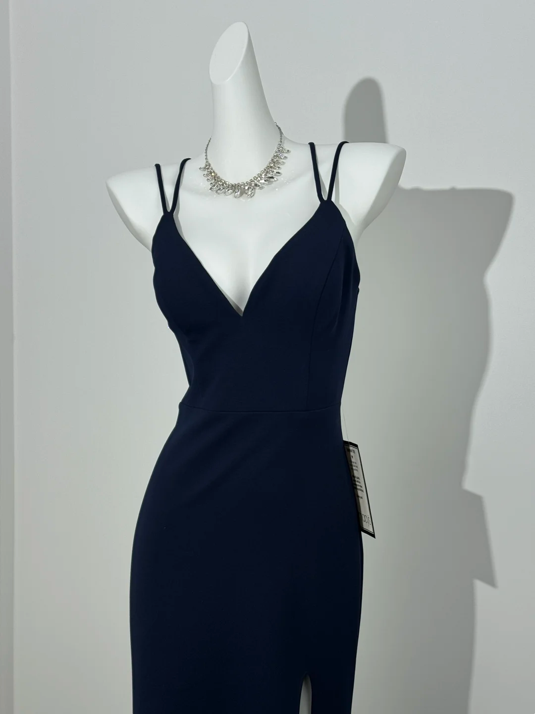 Navy Blue Spaghetti Strap V-Neck Fitted Waist Slim Slit Sexy Prom & Evening Dress gh7232
