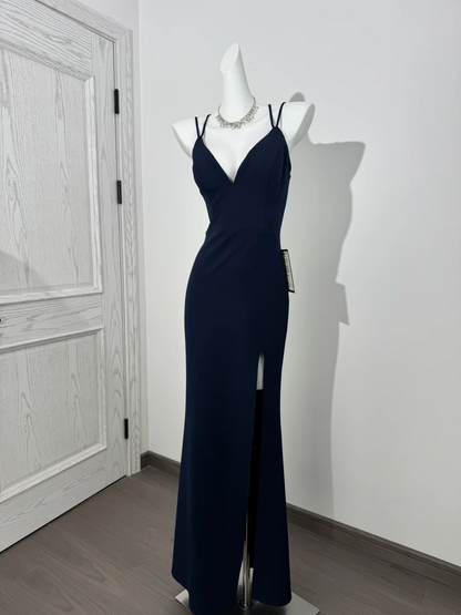 Navy Blue Spaghetti Strap V-Neck Fitted Waist Slim Slit Sexy Prom & Evening Dress gh7232