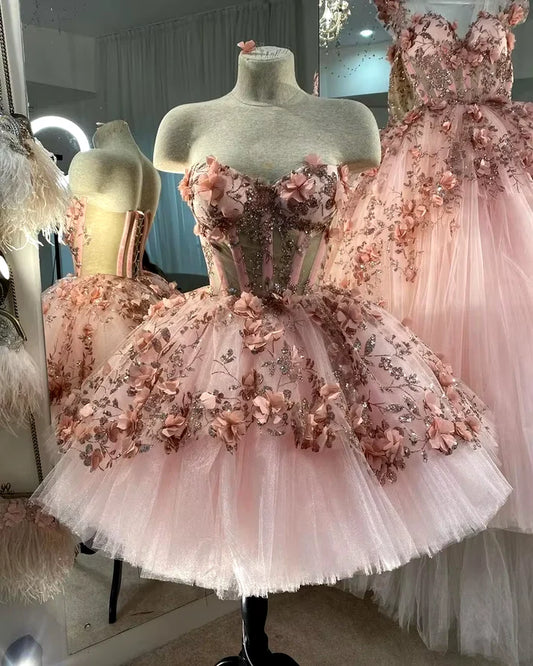 Wunderschönes, exquisites, mit Perlen verziertes, florales Applique-Kurzkleid in Rosa, Abendkleid, Ballkleid, handgefertigte Blumen, 14./16. Geburtstagsoutfit, Partykleid gh3307