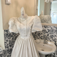 White Vintage Satin Puff Sleeve Cinched Waist Long Lace Skirt Romantic Dress, Wedding Gown gh7807
