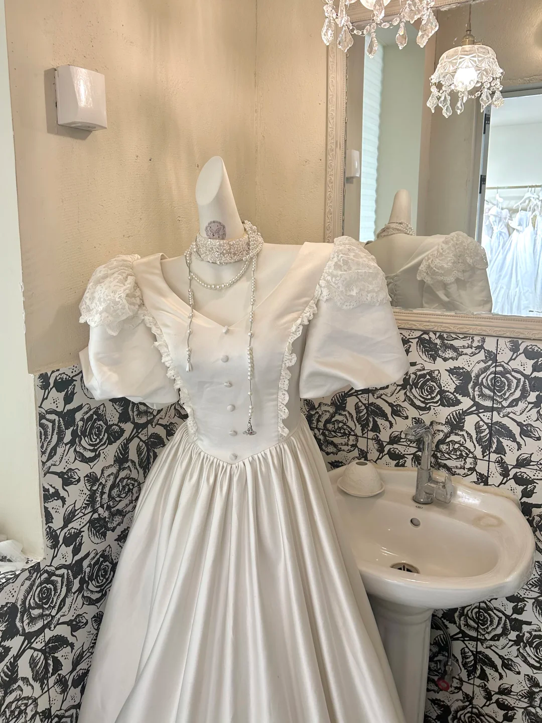 White Vintage Satin Puff Sleeve Cinched Waist Long Lace Skirt Romantic Dress, Wedding Gown gh7807