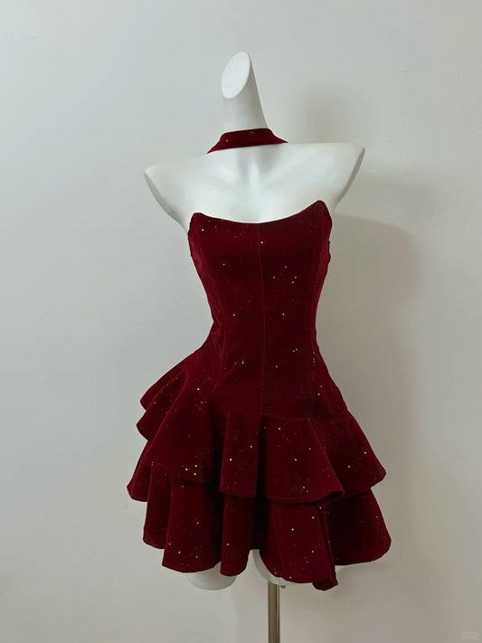 Robe de soirée courte en velours à paillettes, rouge brillant, douce et tendance, robe de soirée d'anniversaire, gh3796