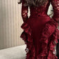 Glam Burgundy Lace Mermaid Maxi Dress | V-Neck Layered Ruffle Dress, Gala Friends Gathering Fashion Outfit gh6452