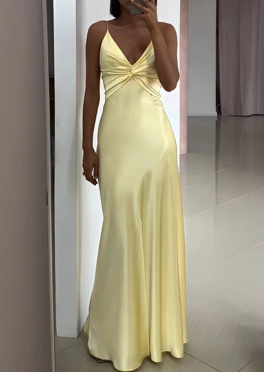 Yellow Fashion V-neck Spaghetti Straps Elegant Long Satin Back lace-up Ball Gown Evening Dress Party Dress gh3160