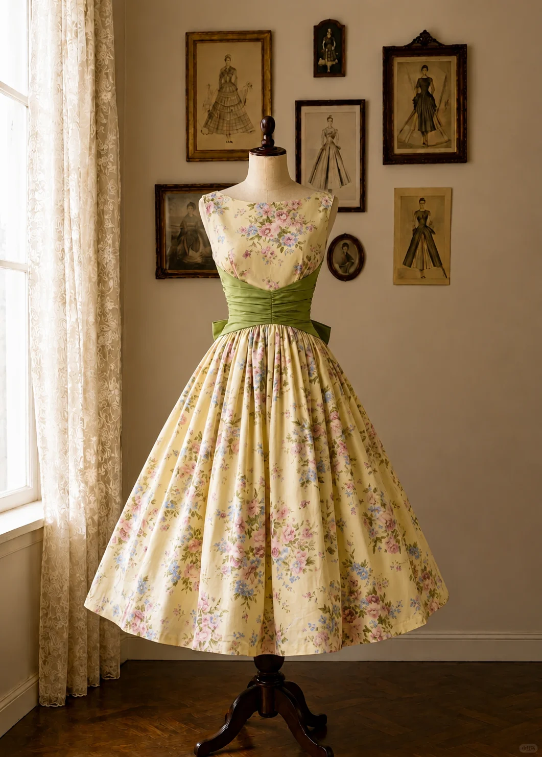 Pale Yellow Floral 1950s Vintage Midi Dress, Sleeveless Boat Neck Ruched Olive‑Green Waist Cummerbund Back Bow A‑Line Swing Skirt Party Gown gh9095