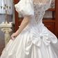 White Vintage Satin Ball Gown Wedding Prom Dress, Off‑the‑Shoulder Puff Short Sleeves, Floral Lace Appliqués, Scalloped Lace Hem gh8702