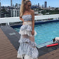 Blue floral lace ruffle long two piece suit evening gown party dress gh3011