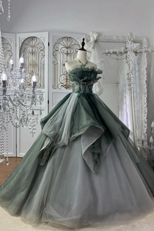 Forest Green Gradient Ball Gown Beaded Strapless & Oversized Tulle  gh7064