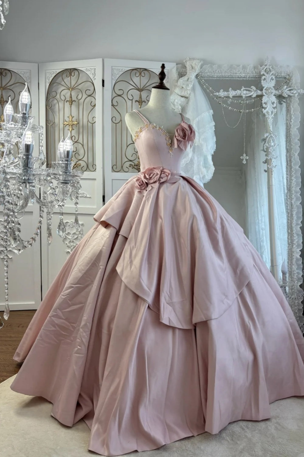 Pink Strapless Gown Beaded Neckline & 3D Rose Appliqués Showstopper  gh7062