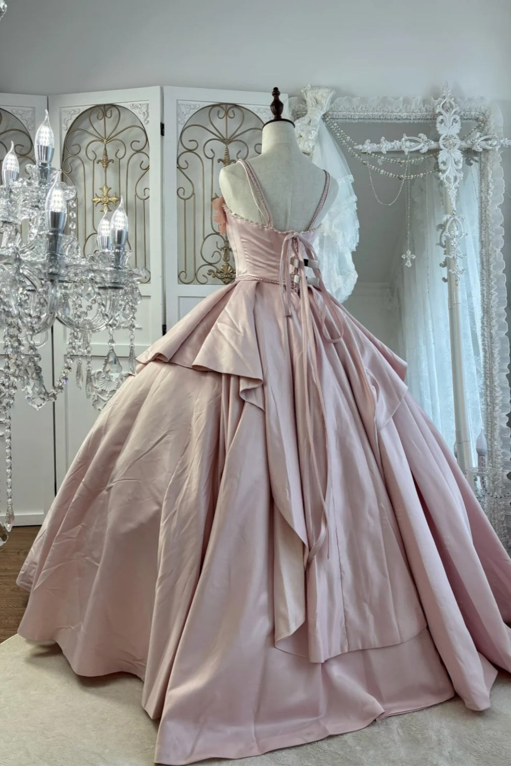 Pink Strapless Gown Beaded Neckline & 3D Rose Appliqués Showstopper  gh7062