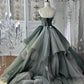 Forest Green Gradient Ball Gown Beaded Strapless & Oversized Tulle  gh7064
