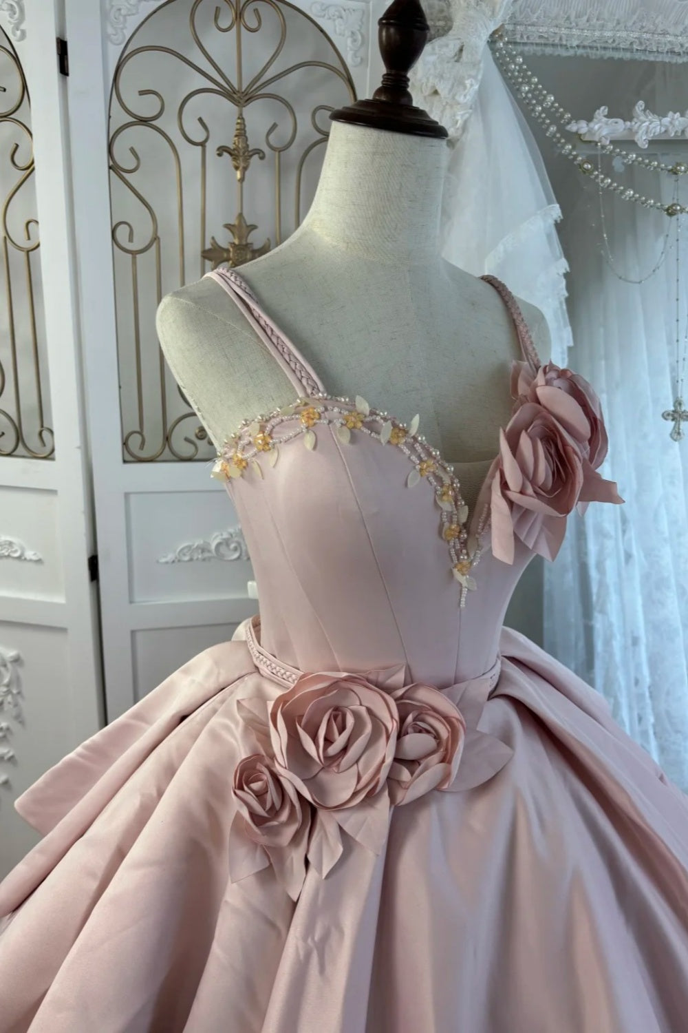 Pink Strapless Gown Beaded Neckline & 3D Rose Appliqués Showstopper  gh7062