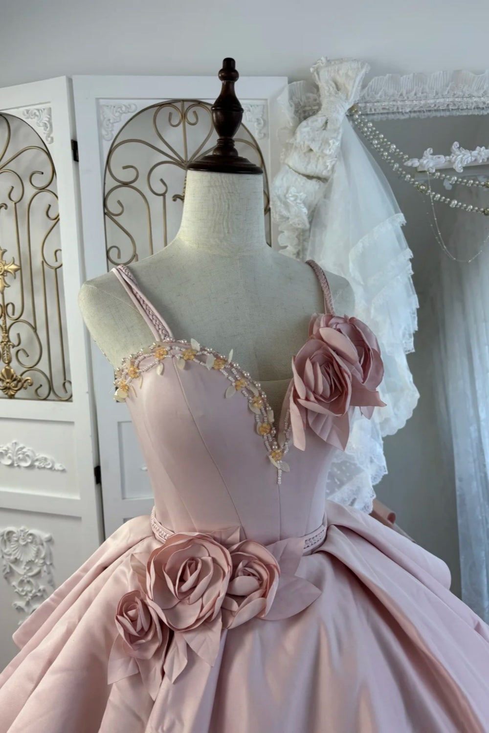 Pink Strapless Gown Beaded Neckline & 3D Rose Appliqués Showstopper  gh7062
