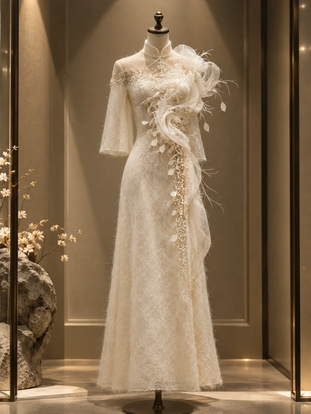 ✨Girlhomeshops-Elegant Ivory 3D Tulle Leaf Lace Qipao Bridal Evening Dress gh10331