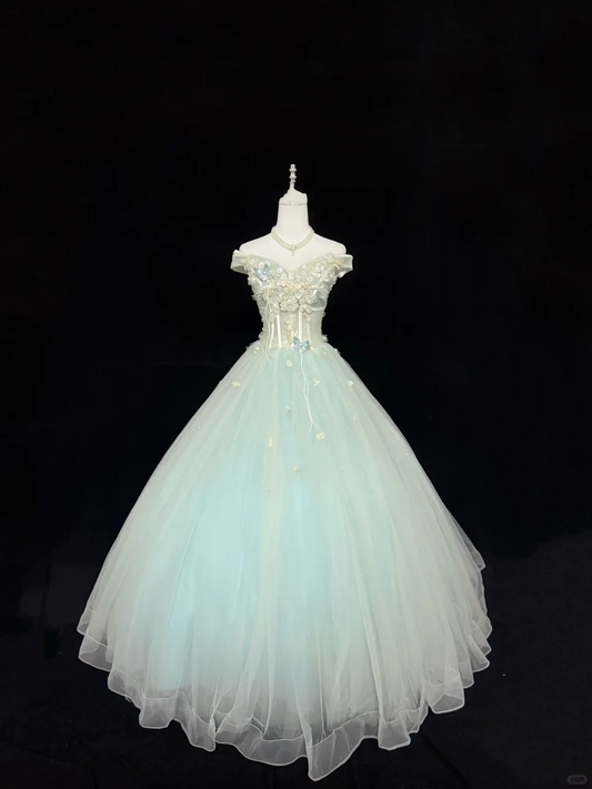 Sage Green Off-the-Shoulder Floral Design Cinched Waist Voluminous Skirt Romantic Dress, Wedding Gown gh7907