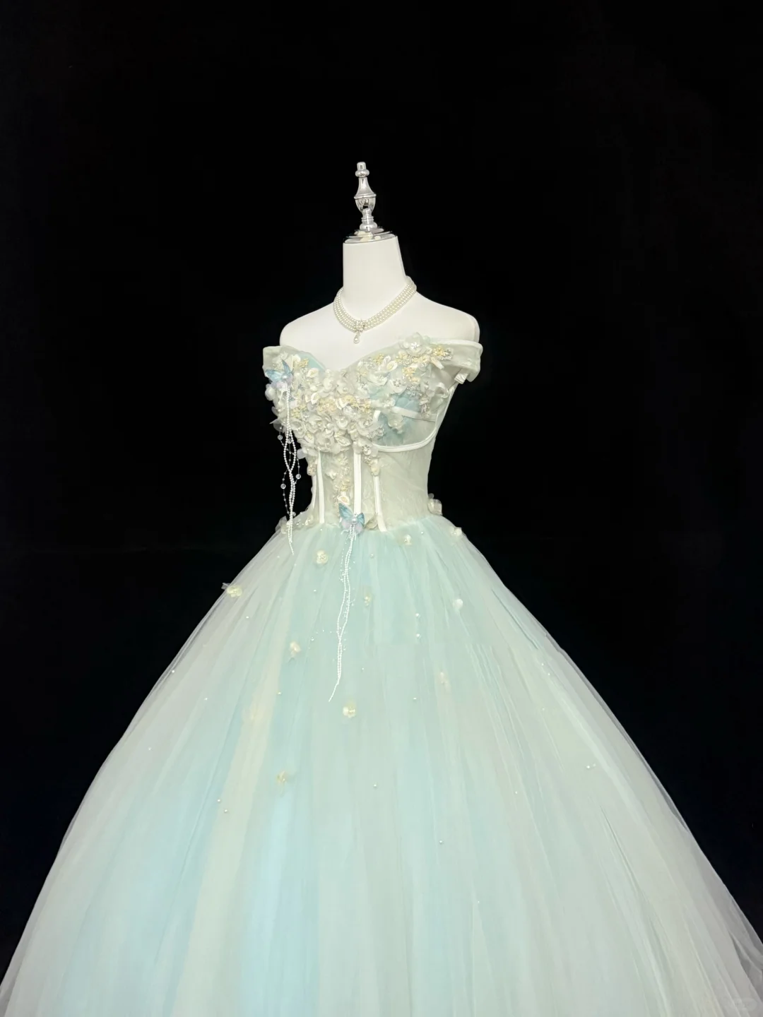 Sage Green Off-the-Shoulder Floral Design Cinched Waist Voluminous Skirt Romantic Dress, Wedding Gown gh7907