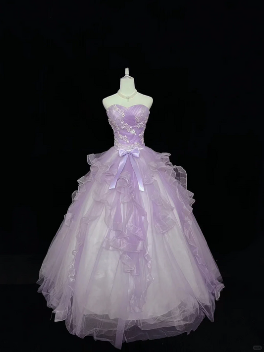 Lavender Strapless Cinched Waist Embroidered Voluminous Princess Skirt Long Romantic Dress, Wedding Gown gh7997