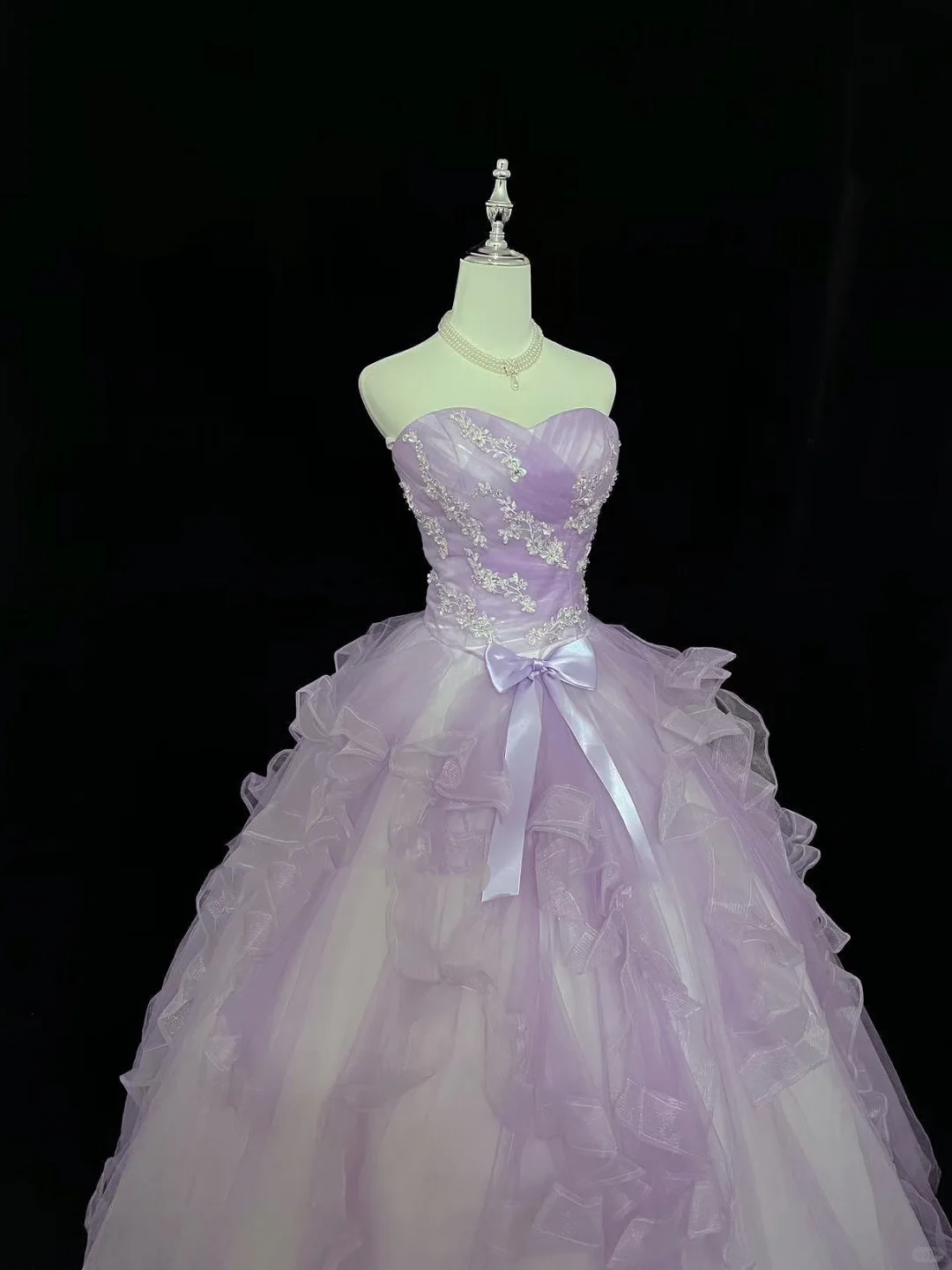 Lavender Strapless Cinched Waist Embroidered Voluminous Princess Skirt Long Romantic Dress, Wedding Gown gh7997