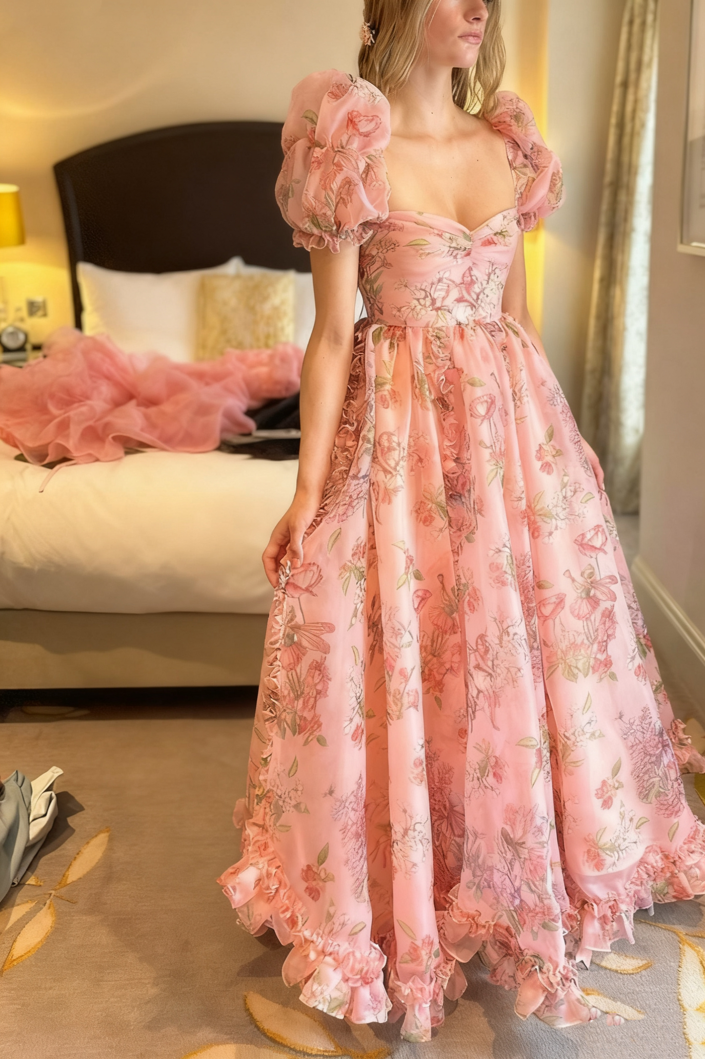 Girlhomeshops - Robe de bal longue en mousseline de soie à manches courtes et imprimé floral rose gh5940