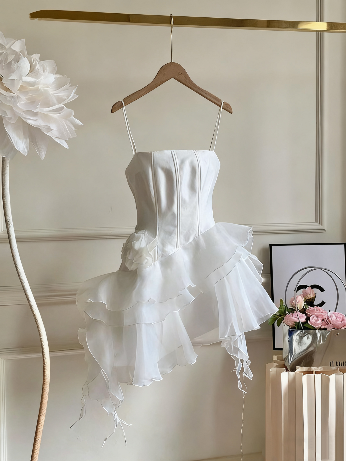Robe de soirée courte en mousseline de soie rose à imprimé floral fantaisie pour femme, tenue de fête d'anniversaire, gh4727