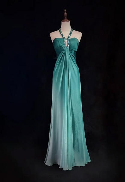 ✨Girlhomeshops-Teal Gradient Rhinestone Halter Chiffon Formal Evening Gown gh10241
