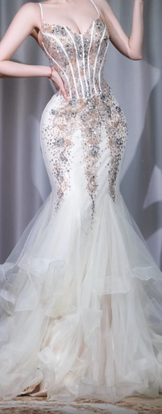 ✨Girlhomeshops-Ivory Corset Mermaid Wedding Dress Beaded Rhinestone Ruffle Tulle Prom Gown gh9988