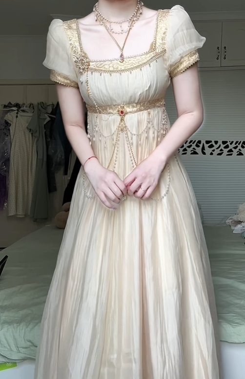 Cream Apricot Square Neck Puff Sleeve Empire Waist Long Gown, Mesh Panel Neckline, Pearl Chain Ornament, Flowy Chiffon Maxi Skirt, Vintage Prom Party Dress gh8924