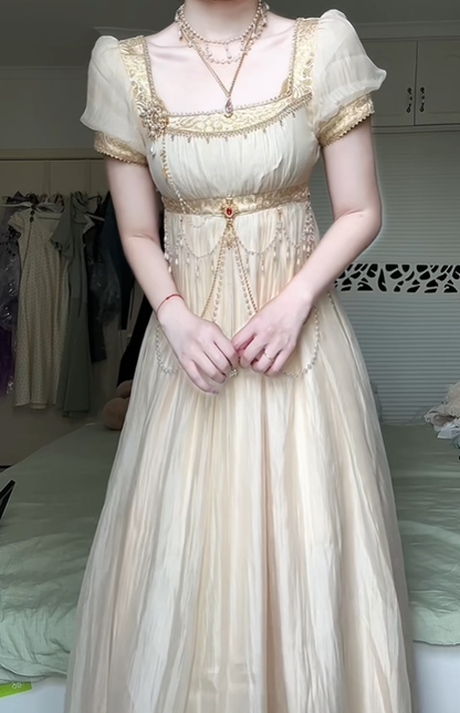 Cream Apricot Square Neck Puff Sleeve Empire Waist Long Gown, Mesh Panel Neckline, Pearl Chain Ornament, Flowy Chiffon Maxi Skirt, Vintage Prom Party Dress gh8924