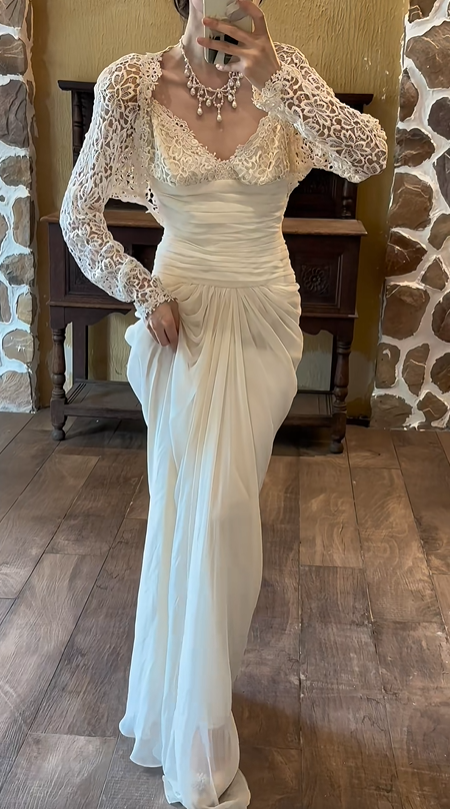 Ivory White Vintage Greek Wedding Gown, V‑Neck Lace Slip With Lace Long‑Sleeve Bolero Ruched Waist Draped Chiffon Bridal Dress gh9075